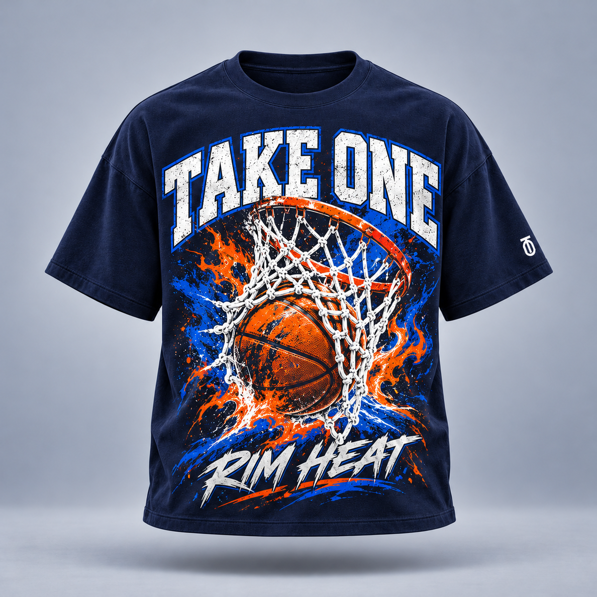 Take One Rim Heat Graphic Tee by Take One Sportswear in Midnight Navy, front view featuring flame-accented hoop artwork and TO sleeve branding.