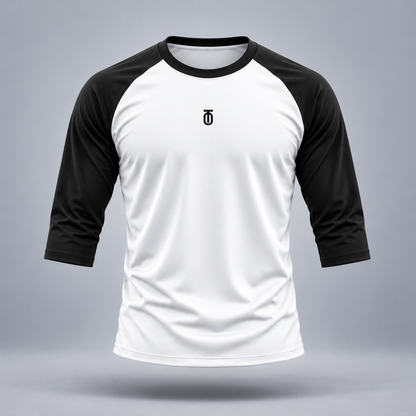 Take One Sportswear Baseball & Softball Raglan Tee in white / black, front view featuring centered to monogram.
