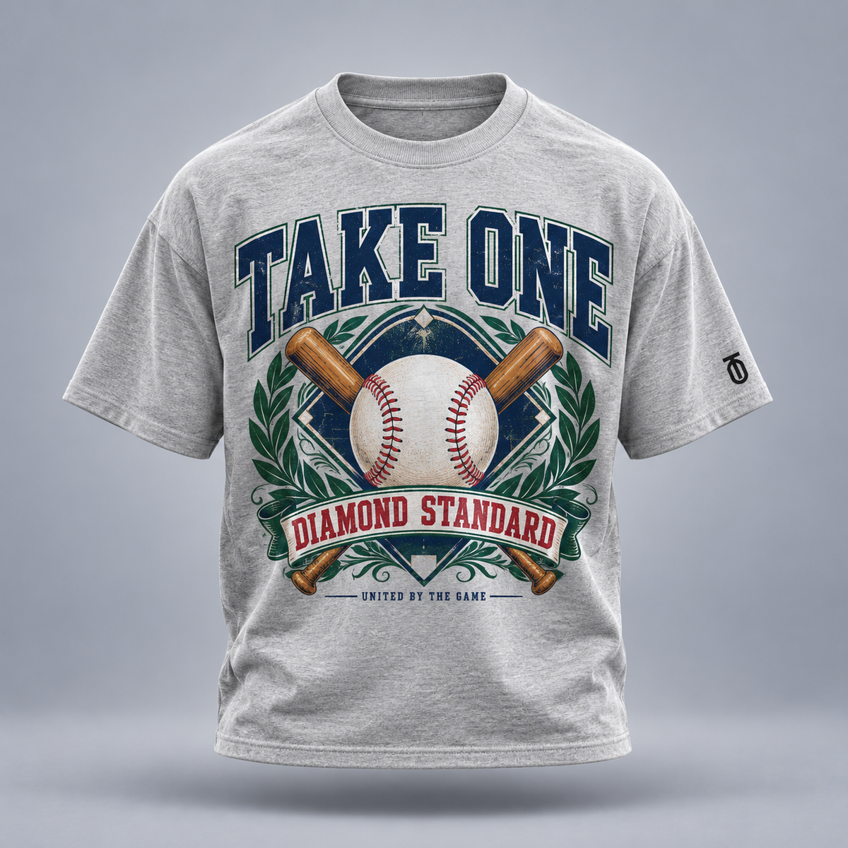 Take One Sportswear diamond standard graphic tee in heather grey, front view with large multicolor sports artwork and TO sleeve logo.