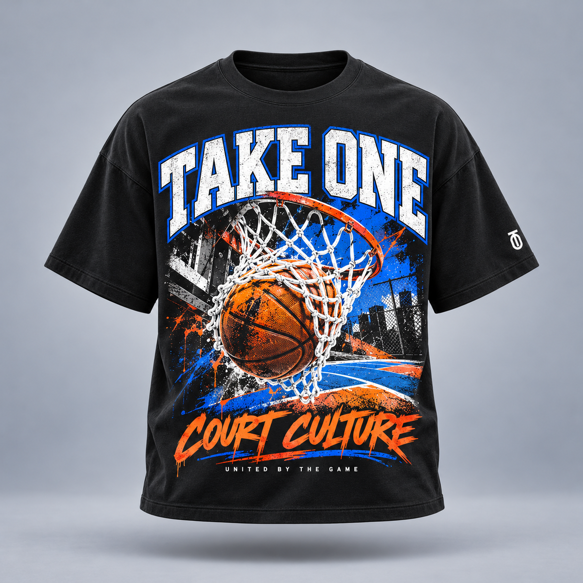 Take One Sportswear court culture graphic tee in black, front view with large multicolor sports artwork and TO sleeve logo.