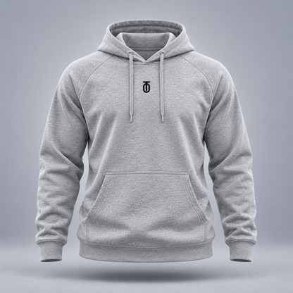 Take One Sportswear Essential Pullover Hoodie in heather grey, front view featuring small centered to monogram.