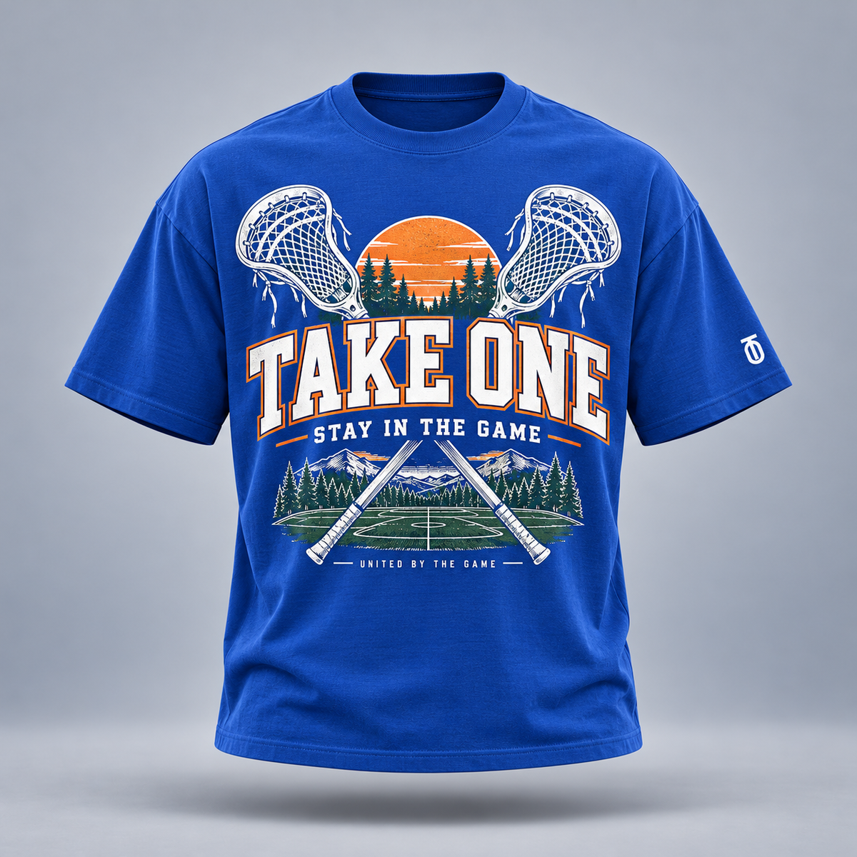 Take One Sportswear stay in the game graphic tee in royal blue, front view with large multicolor sports artwork and TO sleeve logo.