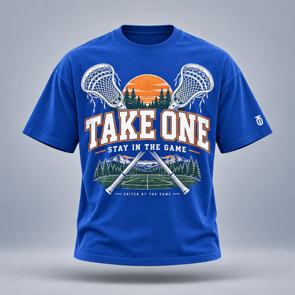 Take One Sportswear stay in the game graphic tee in royal blue, front view with large multicolor sports artwork and TO sleeve logo.