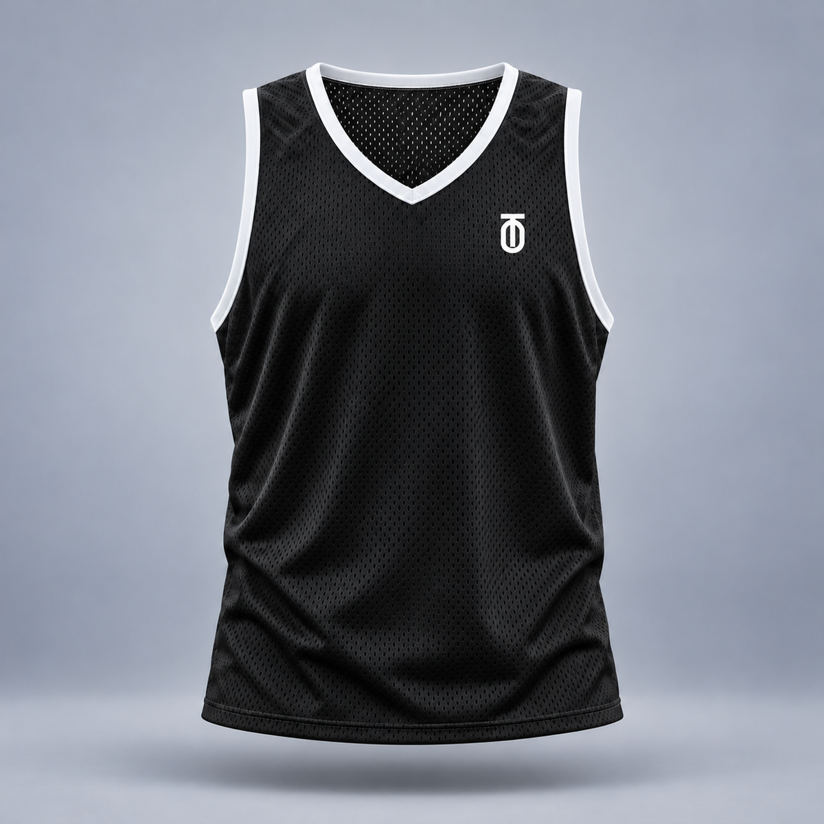 Take One Sportswear Lacrosse Mesh Practice Pinnie in black, front view featuring to monogram exclusively at left chest.
