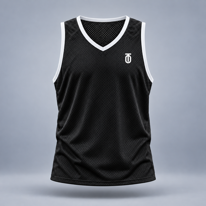 Take One Sportswear Lacrosse Mesh Practice Pinnie in black, front view featuring to monogram exclusively at left chest.