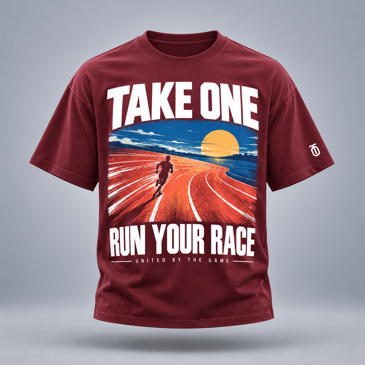 Take One Sportswear run your race graphic tee in burgundy, front view with large multicolor sports artwork and TO sleeve logo.