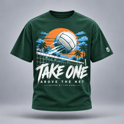 Take One Sportswear above the net graphic tee in forest green, front view with large multicolor sports artwork and TO sleeve logo.