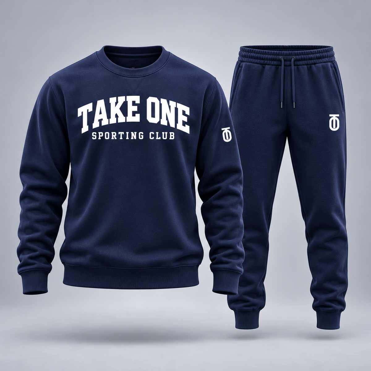 Take One Collegiate Reserve Men's Crewneck & Jogger Set by Take One Sportswear — front view.