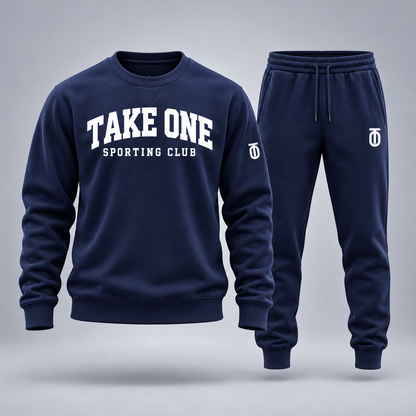 Take One Collegiate Reserve Men's Crewneck & Jogger Set by Take One Sportswear — front view.