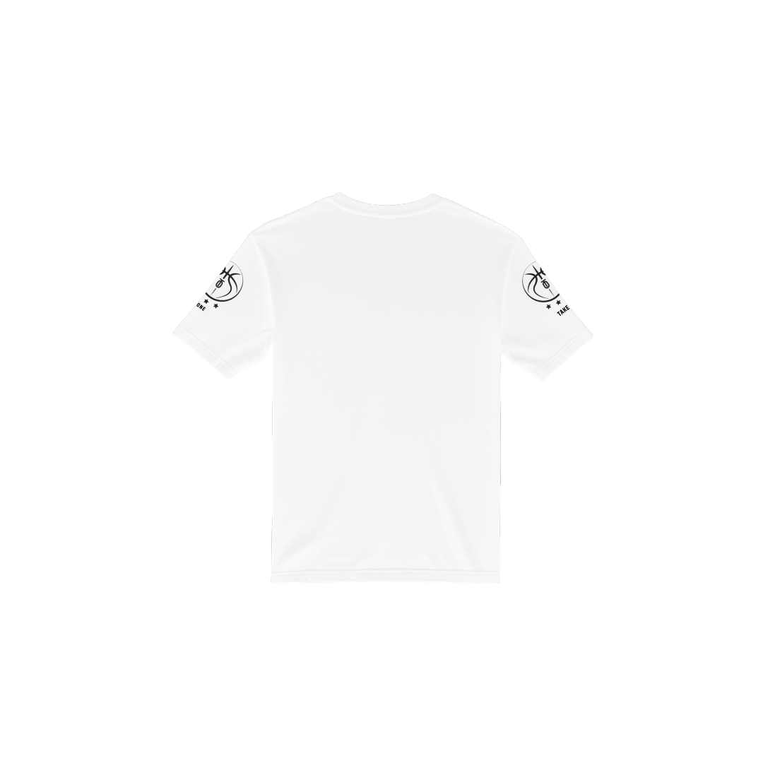 Back view of white Take One Sportswear Core Baselayer short sleeve athletic shirt.