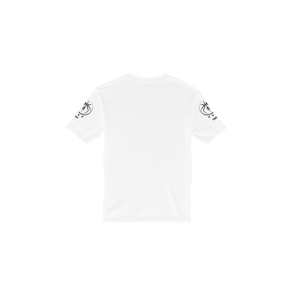 Back view of white Take One Sportswear Core Baselayer short sleeve athletic shirt.