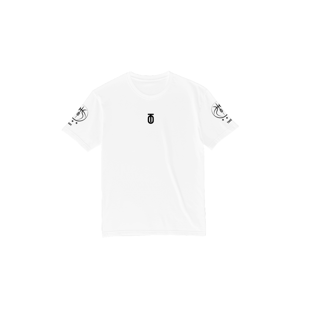 Front view of white Take One Sportswear Core Baselayer featuring the centered chest logo and Take One Basketball sleeve logos.