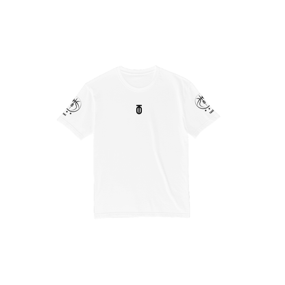 Front view of white Take One Sportswear Core Baselayer featuring the centered chest logo and Take One Basketball sleeve logos.