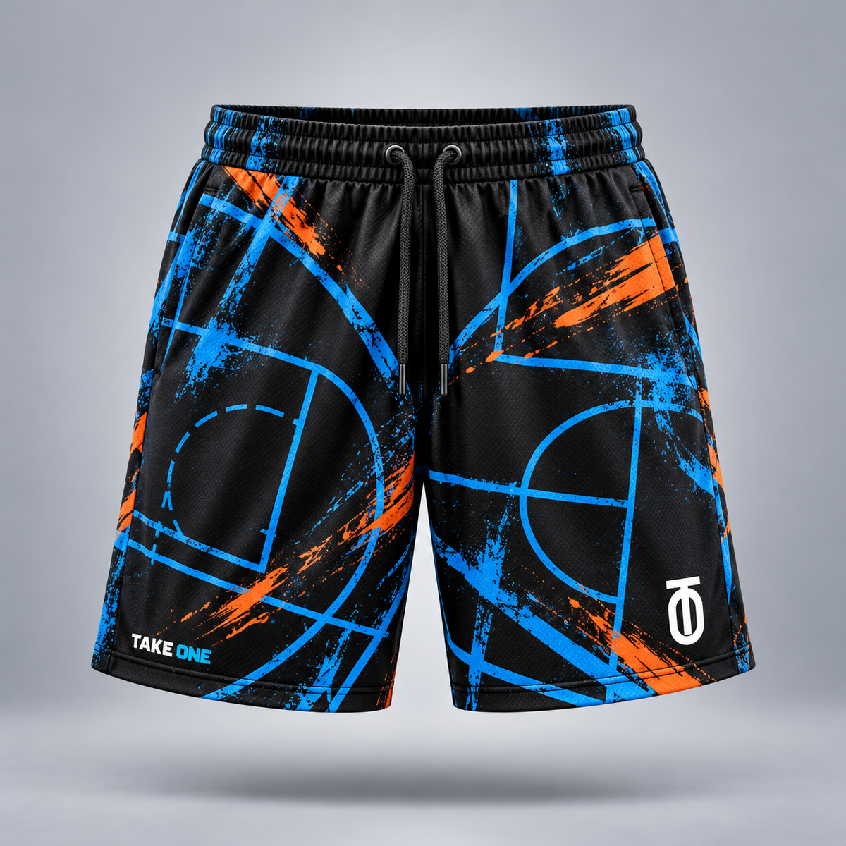 Take One Courtscape Men's 7-Inch Basketball Shorts by Take One Sportswear — front view.