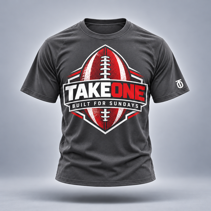 Take One Built For Sundays Graphic Tee by Take One Sportswear in charcoal grey, front view with original football artwork.