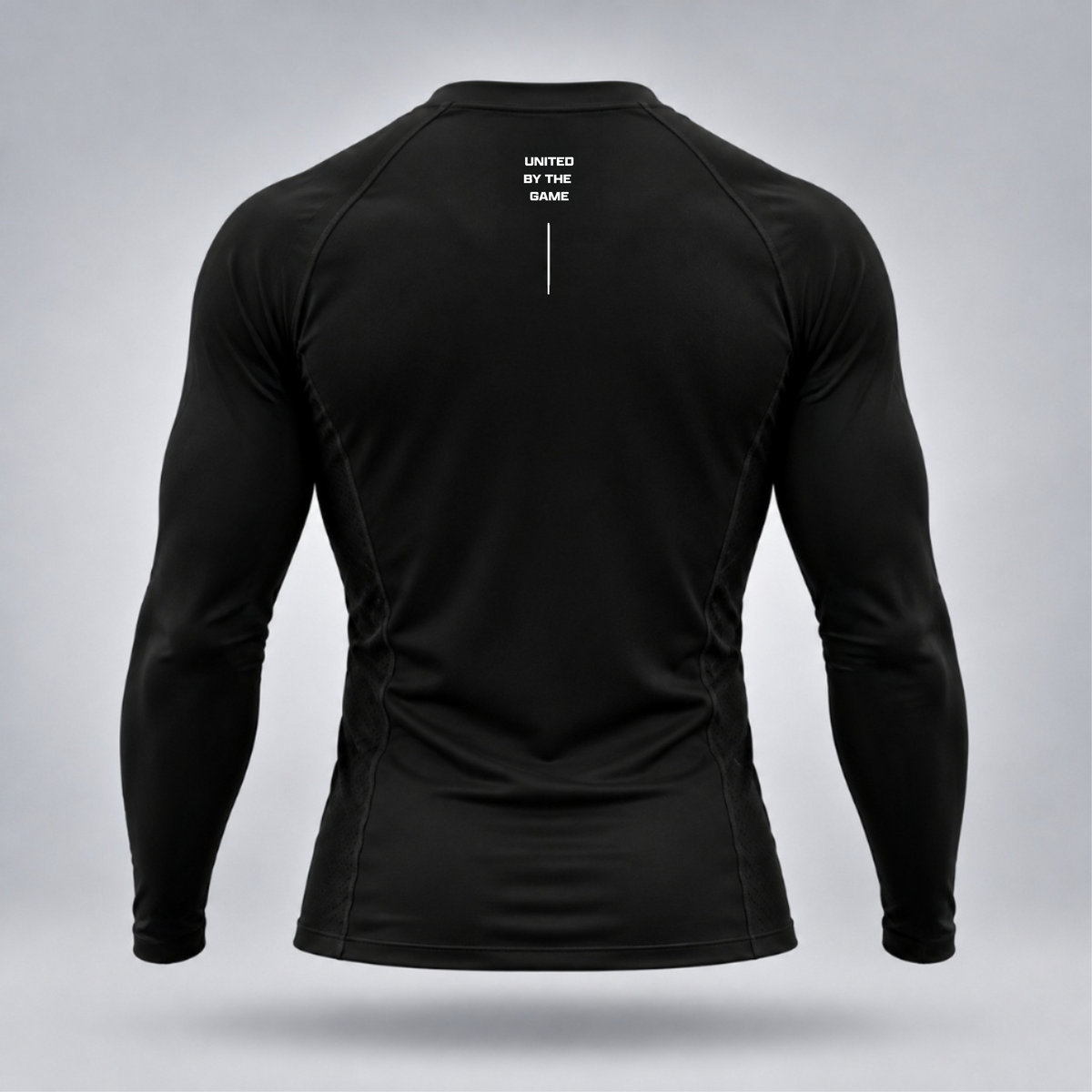 Take One Sportswear Football Compression Baselayer back view in black with United By The Game neckline graphic and vertical white line