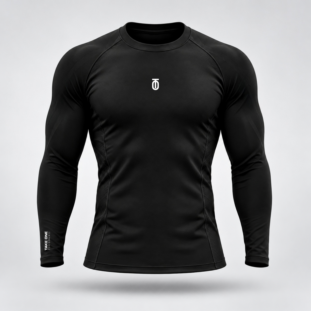 Take One Sportswear black Football Compression Baselayer front view featuring centered white TO monogram and performance sleeve branding
