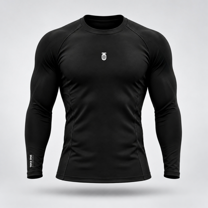 Take One Sportswear black Football Compression Baselayer front view featuring centered white TO monogram and performance sleeve branding
