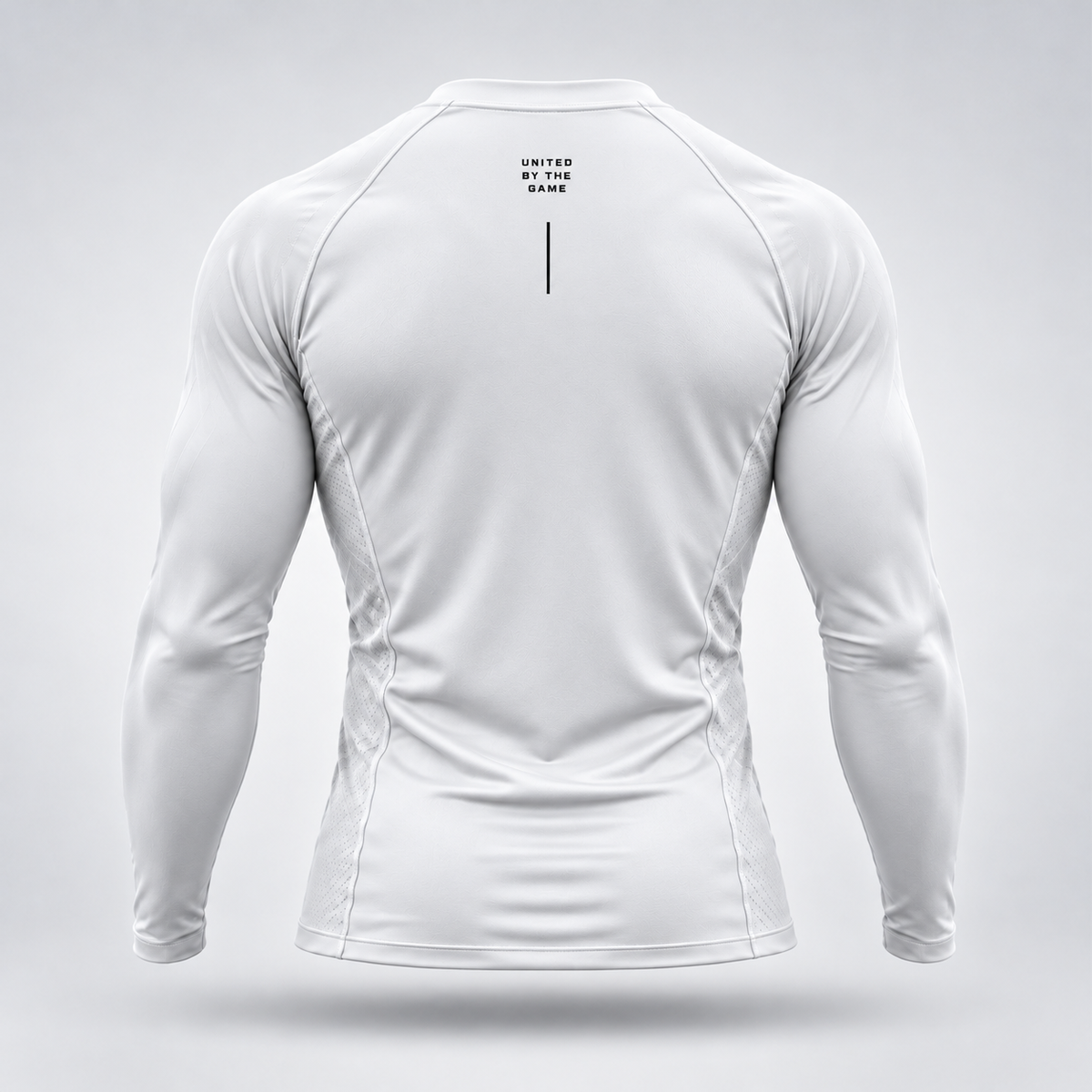 Take One Sportswear white Football Compression Baselayer back view featuring black United By The Game lettering and vertical graphic detail.