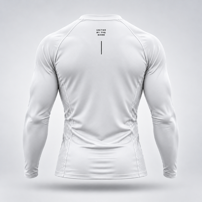 Take One Sportswear white Football Compression Baselayer back view featuring black United By The Game lettering and vertical graphic detail.