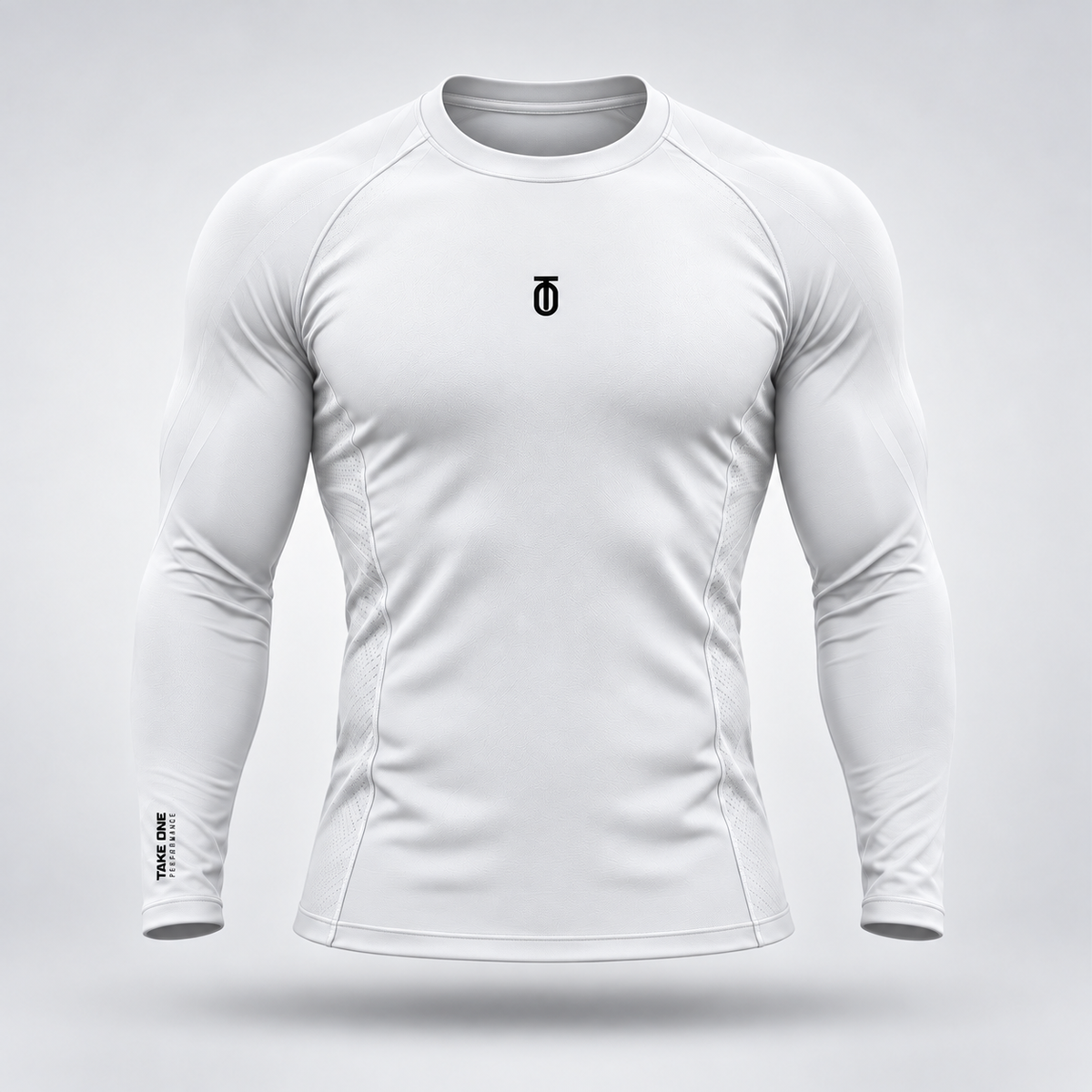 Take One Sportswear white Football Compression Baselayer front view with black TO chest logo and TAKE ONE PERFORMANCE sleeve branding.