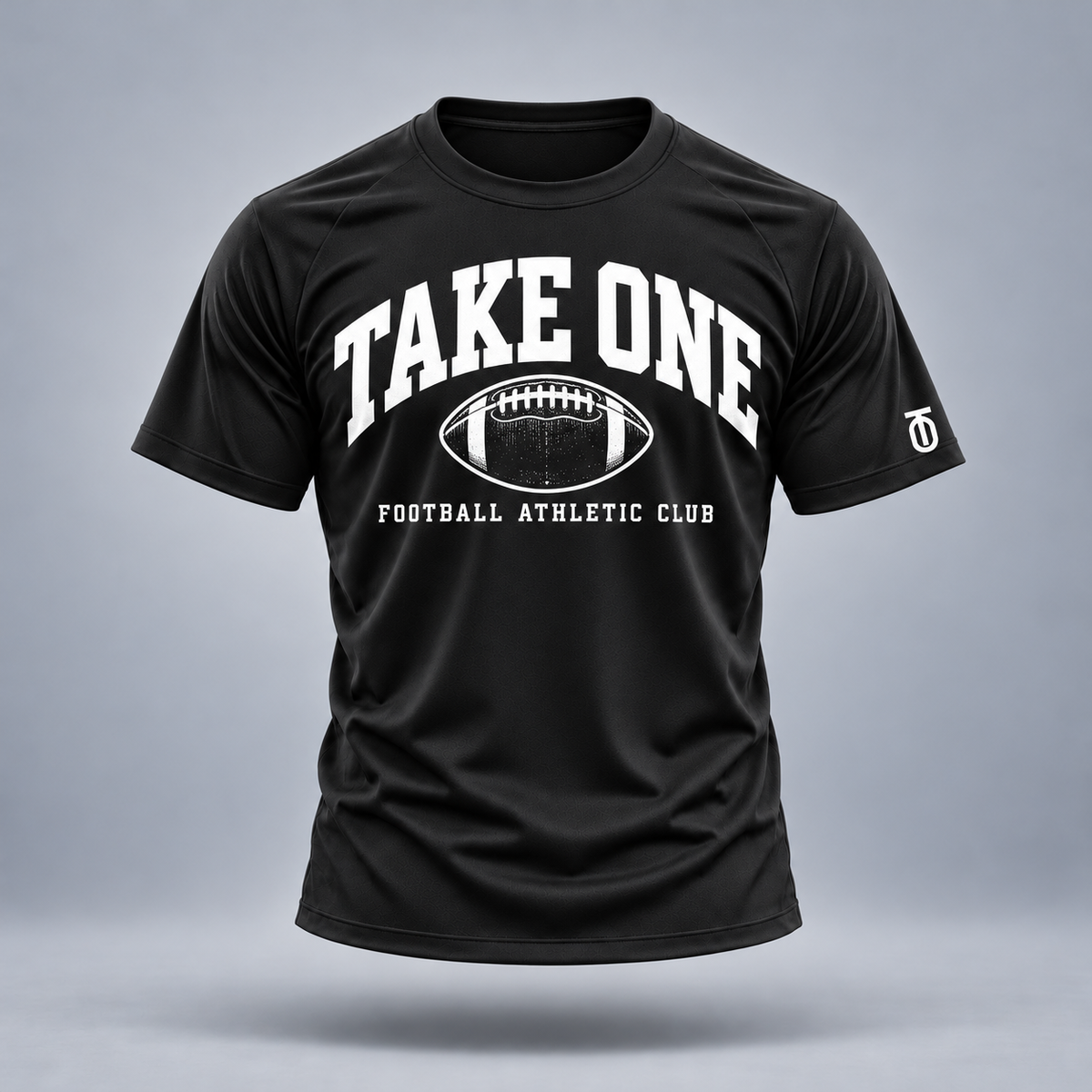 Take One Football Heritage Graphic Tee by Take One Sportswear in black, front view with original football artwork.