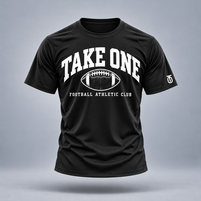 Take One Football Heritage Graphic Tee by Take One Sportswear in black, front view with original football artwork.