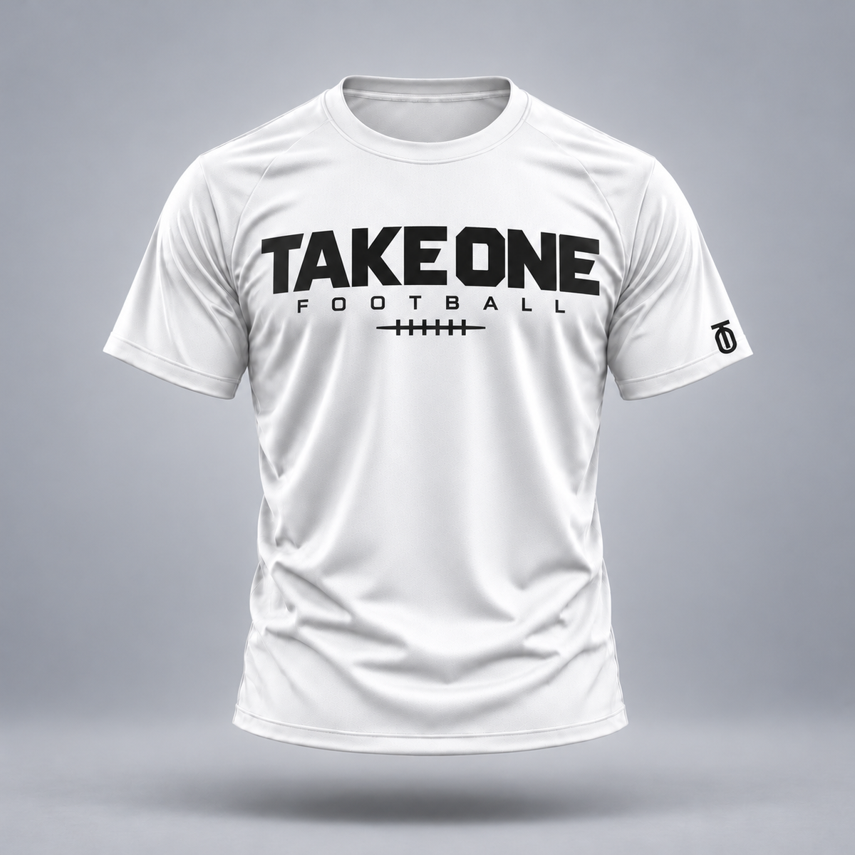 Take One Football Signature Graphic Tee by Take One Sportswear in white, front view with original football artwork.