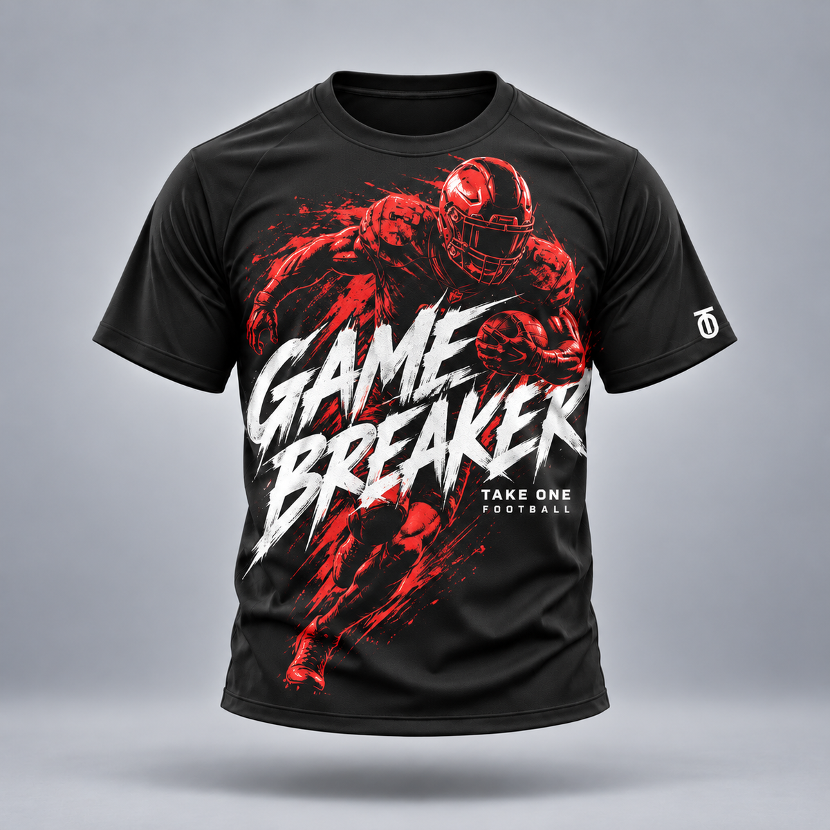 Take One Game Breaker Graphic Tee by Take One Sportswear in black, front view with original football artwork.