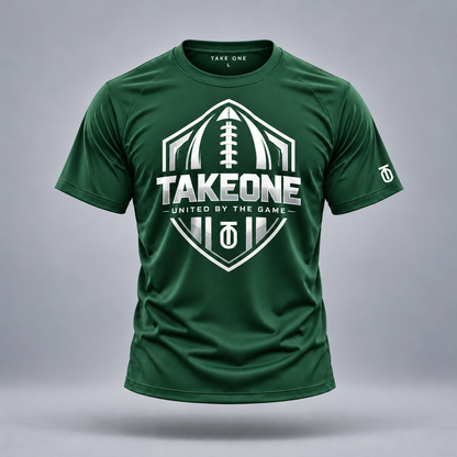Take One Gridiron Crest Graphic Tee by Take One Sportswear in forest green, front view with original football artwork.