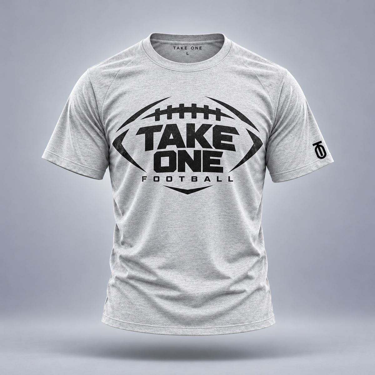 Take One Laces Icon Graphic Tee by Take One Sportswear in heather grey, front view with original football artwork.