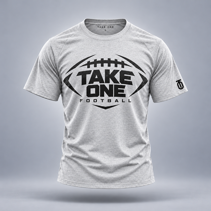 Take One Laces Icon Graphic Tee by Take One Sportswear in heather grey, front view with original football artwork.