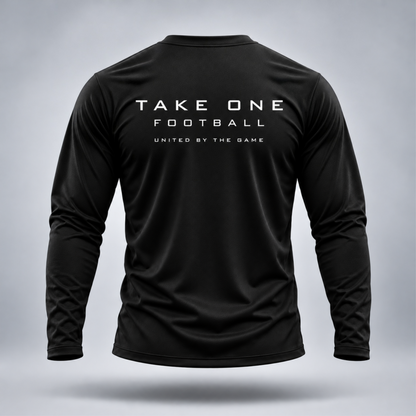 Take One Sportswear black Football Long Sleeve Performance Tee back view featuring TAKE ONE FOOTBALL and United By The Game graphics