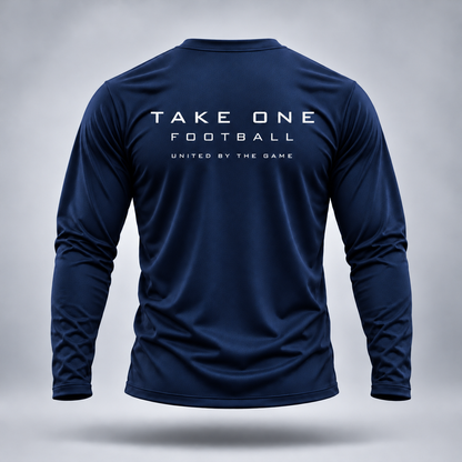 Take One Sportswear Football Long Sleeve Performance Tee in midnight navy, back view featuring white TAKE ONE FOOTBALL lettering and United By The Game graphic.