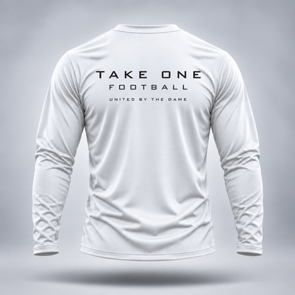 Take One Sportswear Football Long Sleeve Performance Tee in white, back view featuring black TAKE ONE FOOTBALL lettering and United By The Game graphic.