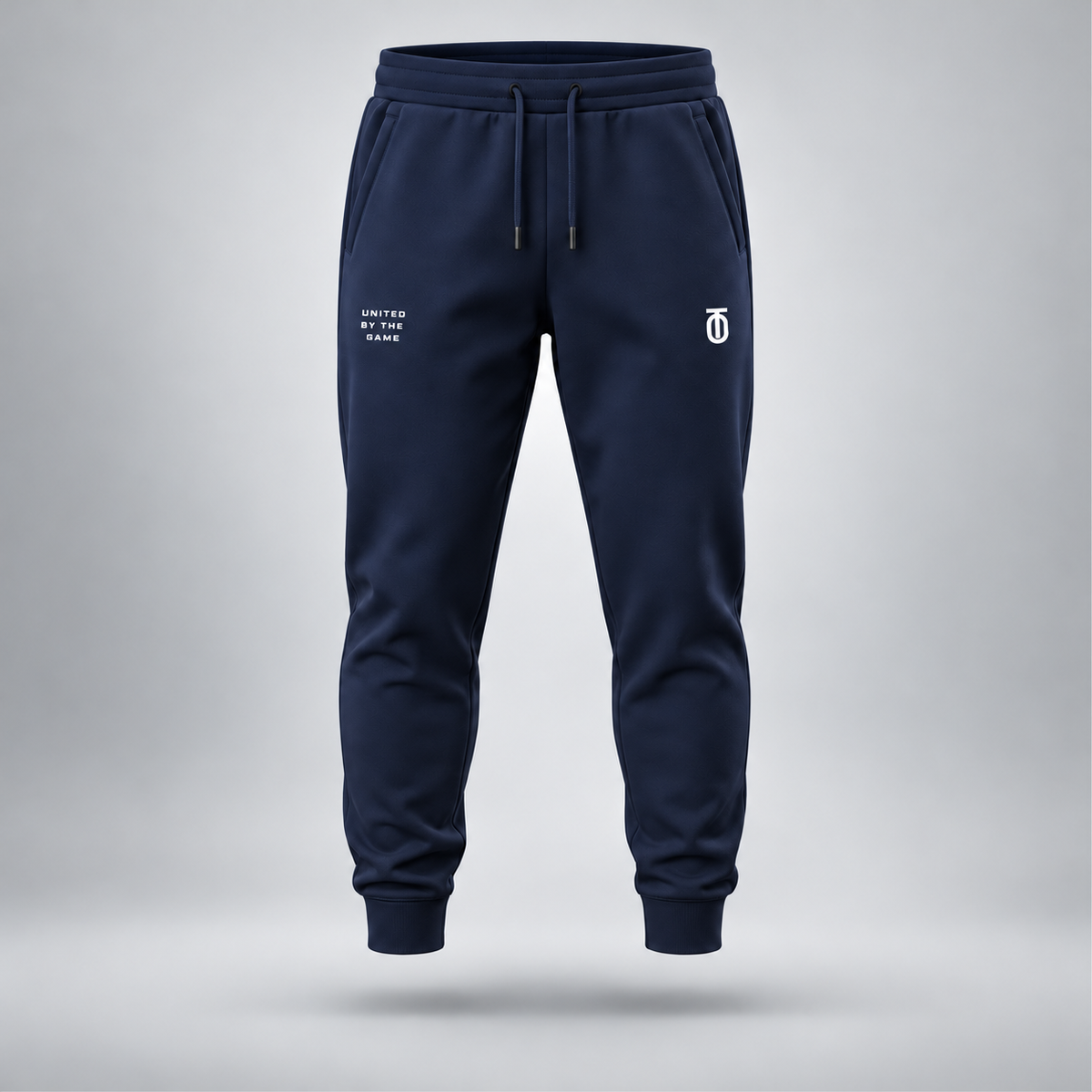 Take One Sportswear midnight navy Football Performance Joggers front view featuring white TO monogram, United By The Game graphic, and relaxed tapered fit.