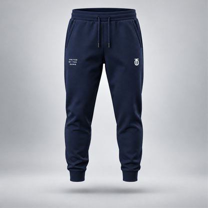 Take One Sportswear midnight navy Football Performance Joggers front view featuring white TO monogram, United By The Game graphic, and relaxed tapered fit.