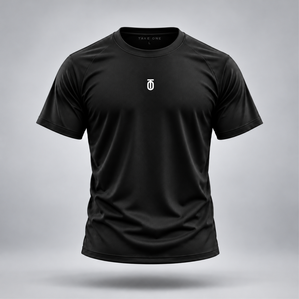 Take One Sportswear black Football Performance Tee front view with centered white chest branding