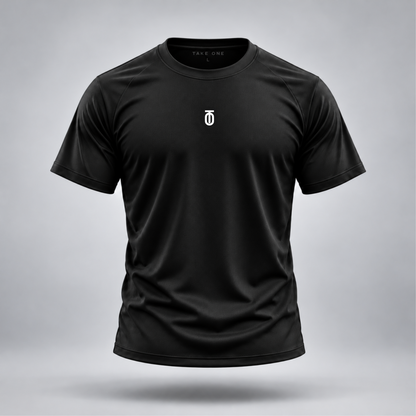 Take One Sportswear black Football Performance Tee front view with centered white chest branding