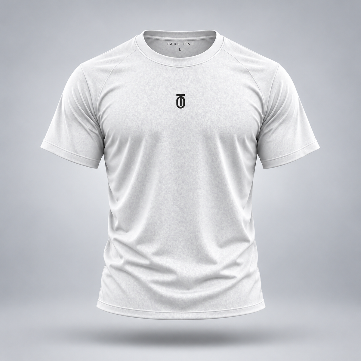 Take One Sportswear white Football Performance Tee front view featuring centered black TO monogram on a clean athletic short-sleeve shirt.