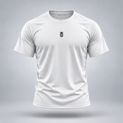 Take One Sportswear white Football Performance Tee front view featuring centered black TO monogram on a clean athletic short-sleeve shirt.