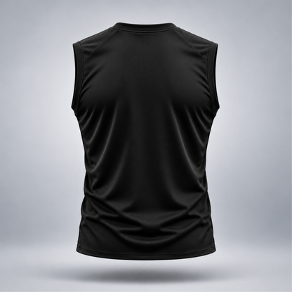 Take One Sportswear black Football Sleeveless Training Top back view featuring a clean, unbranded design and athletic sleeveless silhouette.