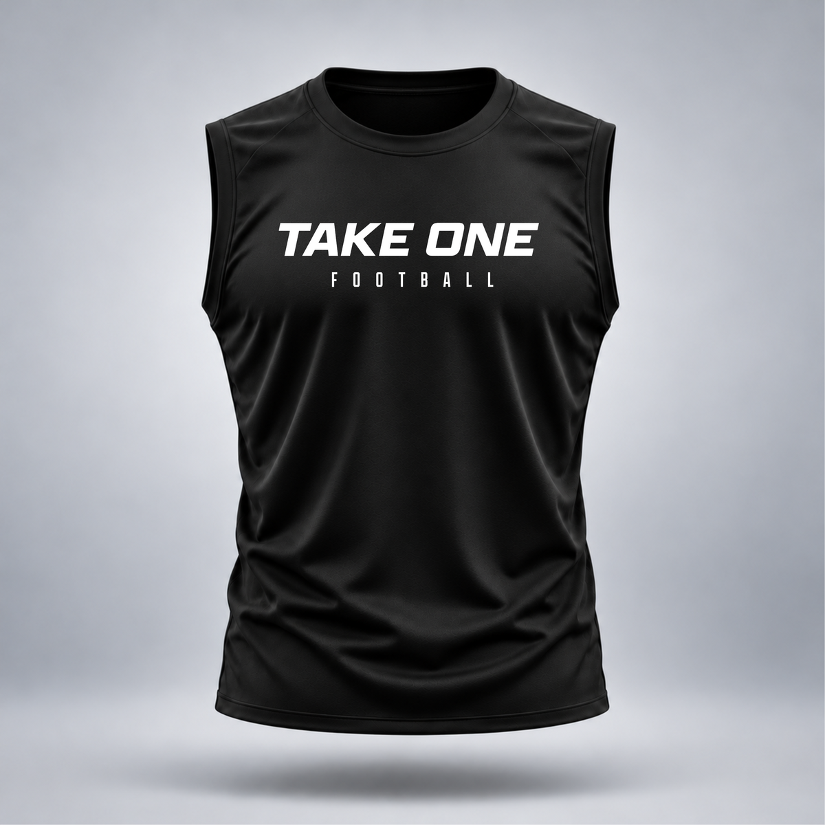 Take One Sportswear black Football Sleeveless Training Top front view featuring white TAKE ONE FOOTBALL lettering, crew neckline, and athletic sleeveless fit.