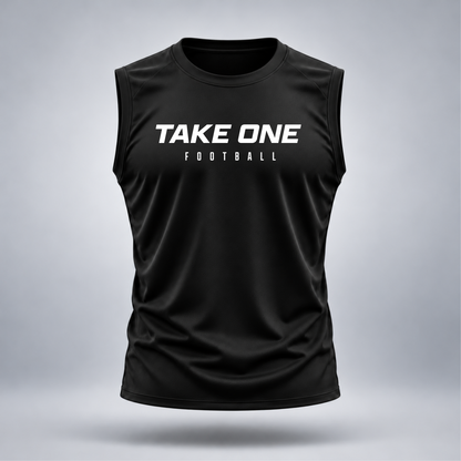Take One Sportswear black Football Sleeveless Training Top front view featuring white TAKE ONE FOOTBALL lettering, crew neckline, and athletic sleeveless fit.