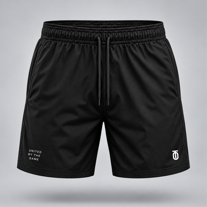 Take One Sportswear black Football Training Shorts front view featuring white TO monogram, United By The Game lettering, and 7-inch athletic fit.