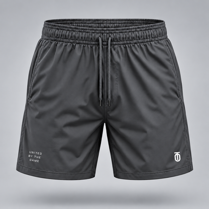 Take One Sportswear graphite gray Football Training Shorts front view featuring white TO monogram, United By The Game lettering, and athletic cut.
