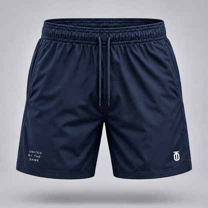 Take One Sportswear midnight navy Football Training Shorts front view featuring white TO monogram and United By The Game lettering.