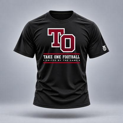 Take One Varsity Standard Graphic Tee by Take One Sportswear in black, front view with original football artwork.