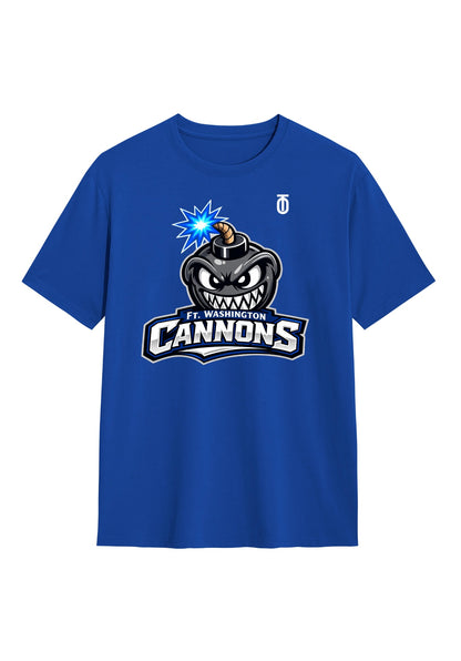Front view of the royal blue Fort Washington Cannons T-shirt by Take One Sportswear featuring the Cannons mascot graphic and Take One chest logo.