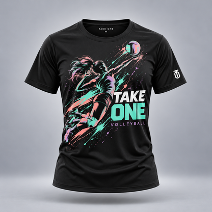 Take One Her Rally Women's Volleyball Graphic Tee by Take One Sportswear — front view.